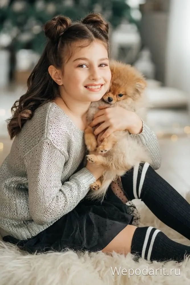 девочка обнимает маленького щенка